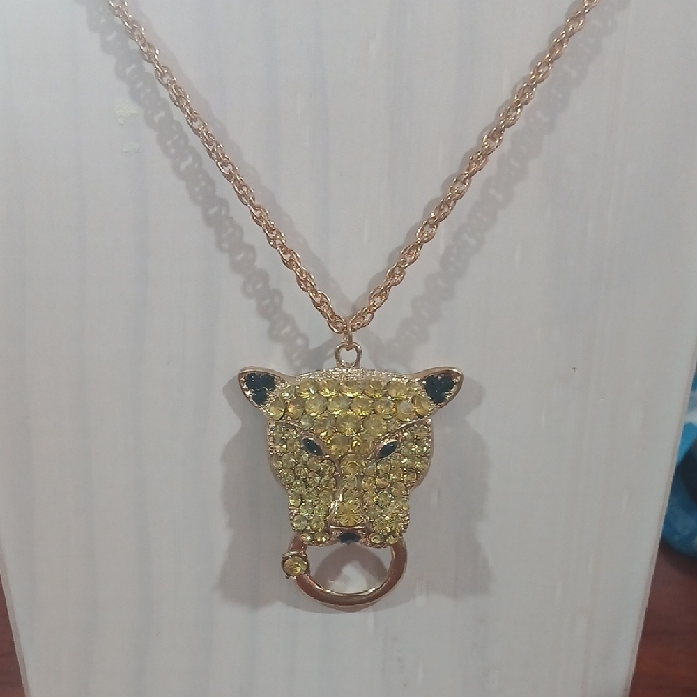 Gold-Tone Leopard Head Pendant Necklace - Yellow Crystal Accents